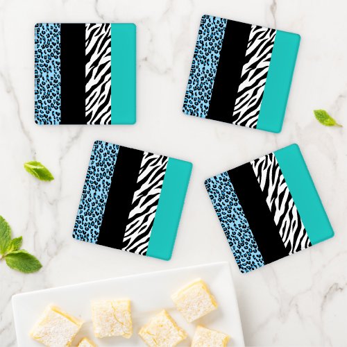 Leopard Print Zebra Print Animal Print Blue Coaster Set