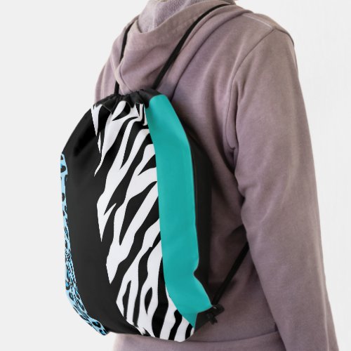 Leopard Print Zebra Print Animal Print Blue Drawstring Bag