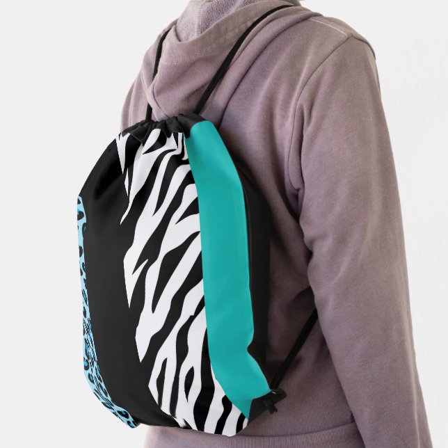 Leopard Print, Zebra Print, Animal Print, Blue Drawstring Bag (Insitu)