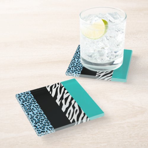 Leopard Print Zebra Print Animal Print Blue Glass Coaster