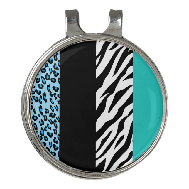 Leopard Print, Zebra Print, Animal Print, Blue Golf Hat Clip (Front)