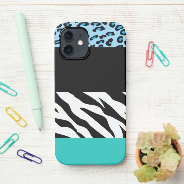 Leopard Print, Zebra Print, Animal Print, Blue iPhone Case (On Desk)