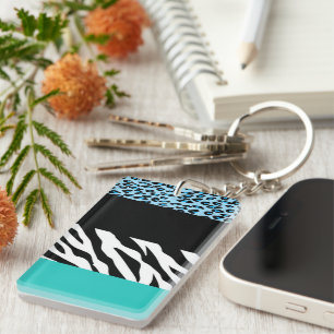 Leopard Print, Zebra Print, Animal Print, Blue Keychain