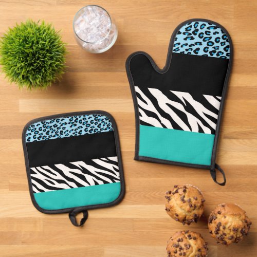 Leopard Print Zebra Print Animal Print Blue Oven Mitt  Pot Holder Set