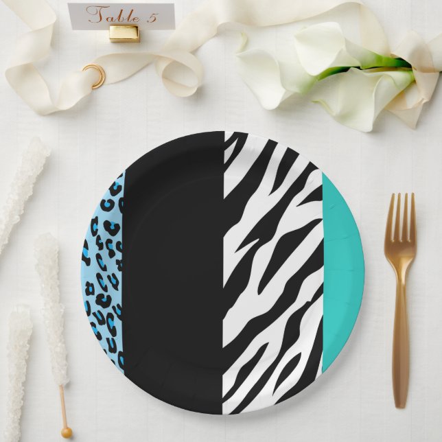 Leopard Print, Zebra Print, Animal Print, Blue Paper Plates (Wedding)