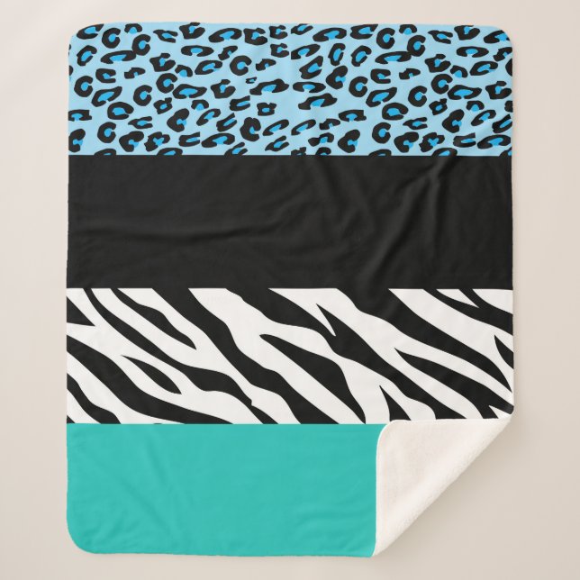 Leopard Print, Zebra Print, Animal Print, Blue Sherpa Blanket (Front)