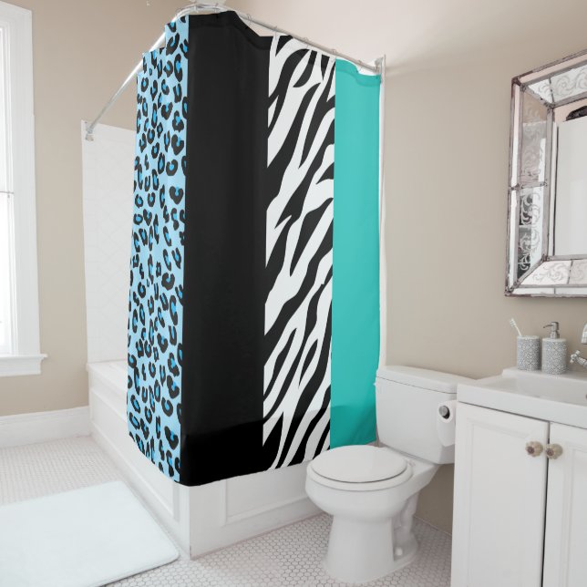 Leopard Print, Zebra Print, Animal Print, Blue Shower Curtain (In Situ)