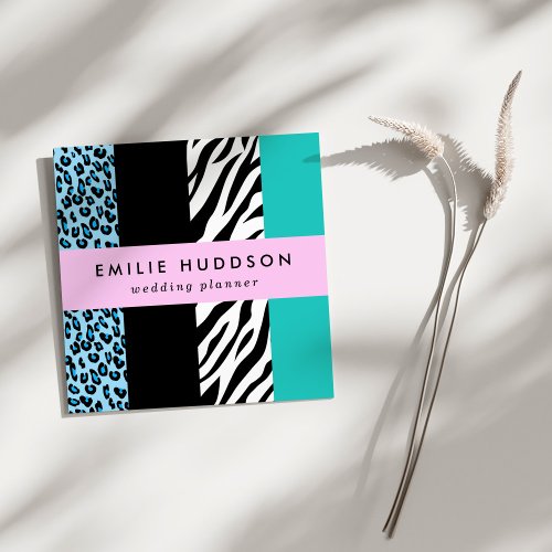 Leopard Print Zebra Print Animal Print Blue Square Business Card