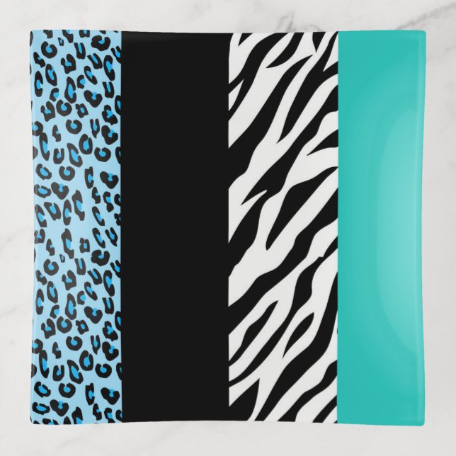 Leopard Print, Zebra Print, Animal Print, Blue Trinket Tray (Front)