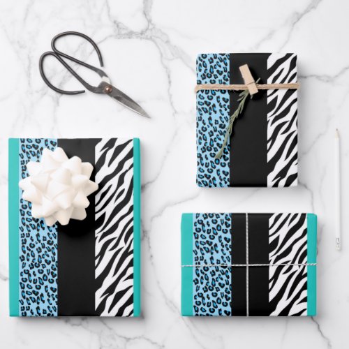 Leopard Print Zebra Print Animal Print Blue Wrapping Paper Sheets