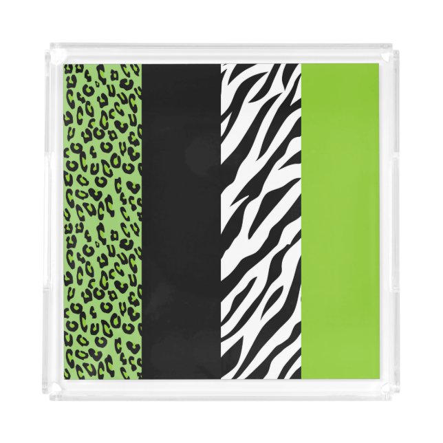 Leopard Print, Zebra Print, Animal Print, Green Acrylic Tray (Front)