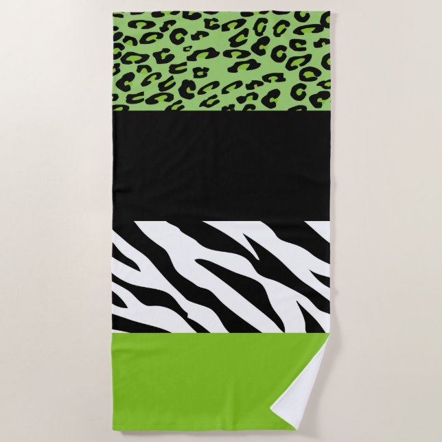 Leopard Print, Zebra Print, Animal Print, Green Beach Towel (Front)