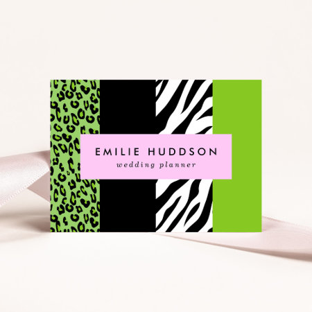 Leopard Print, Zebra Print, Animal Print, Green Business Card