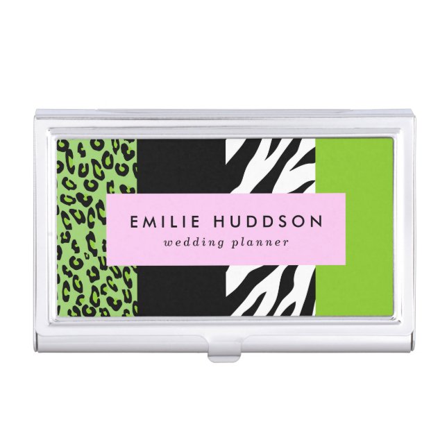 Leopard Print, Zebra Print, Animal Print, Green Business Card Case (Front)