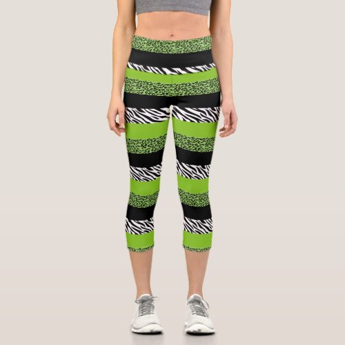 Leopard Print Zebra Print Animal Print Green Capri Leggings