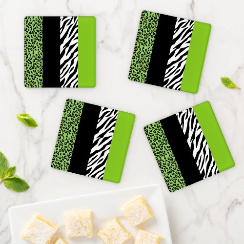 Leopard Print Zebra Print Animal Print Green Coaster Set