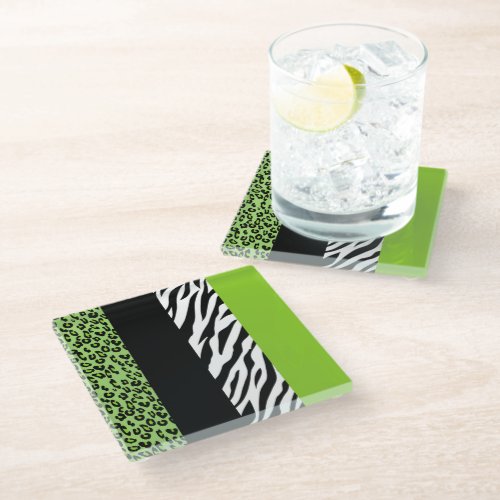 Leopard Print Zebra Print Animal Print Green Glass Coaster