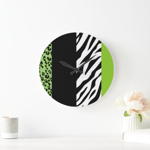 Leopard Print Zebra Print Animal Print Green Large Clock