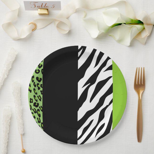 Leopard Print, Zebra Print, Animal Print, Green Paper Plates (Wedding)