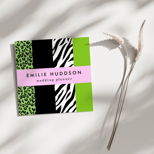 Leopard Print Zebra Print Animal Print Green Square Business Card