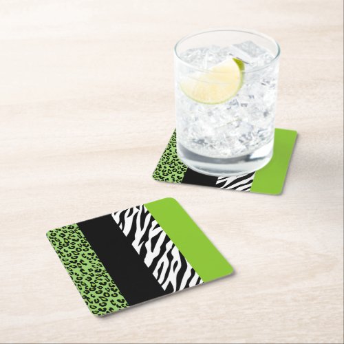 Leopard Print Zebra Print Animal Print Green Square Paper Coaster