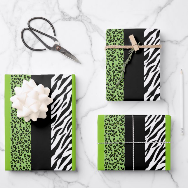 Leopard Print, Zebra Print, Animal Print, Green Wrapping Paper Sheets (Front)