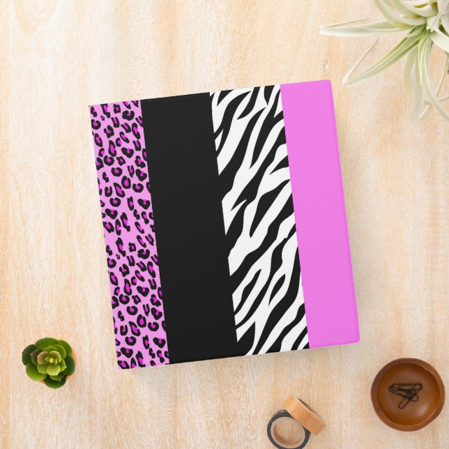 Leopard Print, Zebra Print, Animal Print, Pink 3 Ring Binder (In Situ)