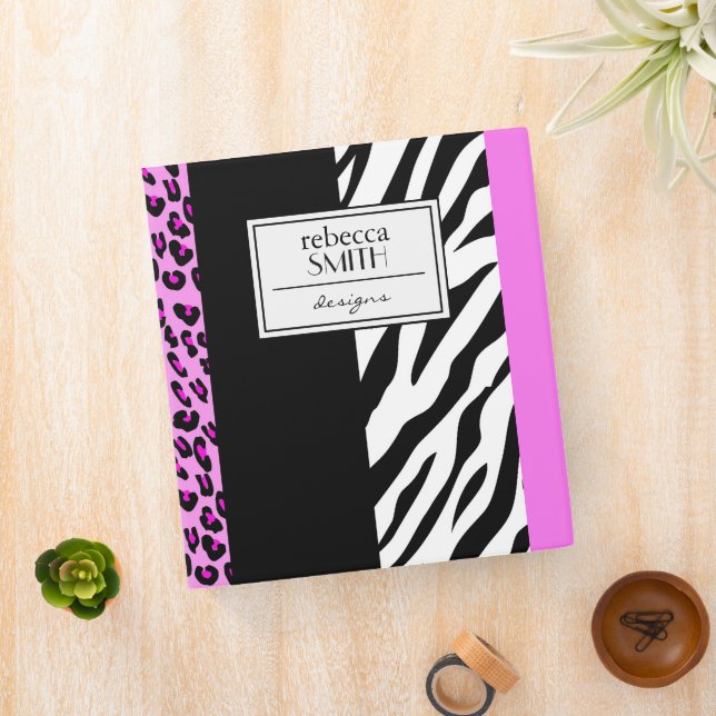 Leopard Print, Zebra Print, Animal Print, Pink 3 Ring Binder (In Situ)