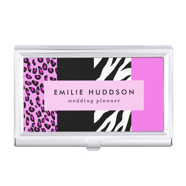 Leopard Print, Zebra Print, Animal Print, Pink Business Card Case (Front)