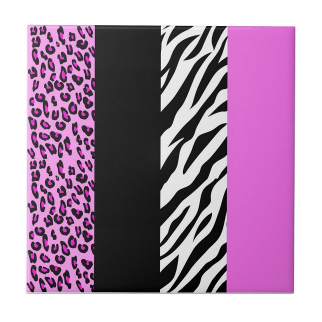 Leopard Print, Zebra Print, Animal Print, Pink Ceramic Tile (Front)