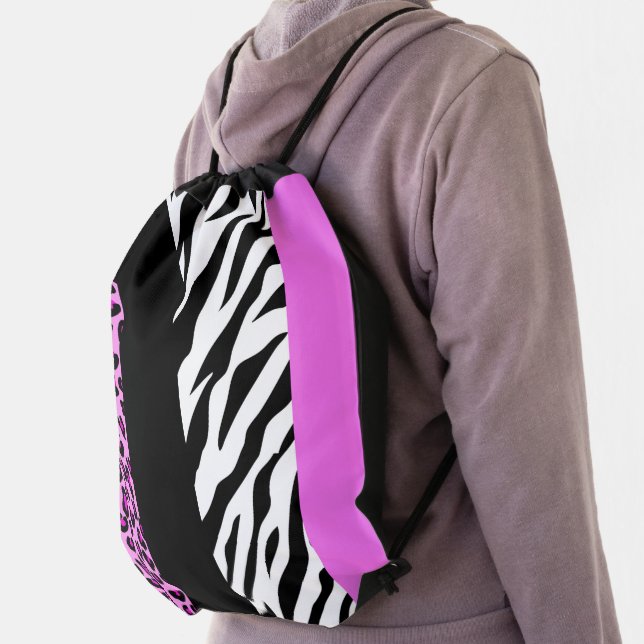 Leopard Print, Zebra Print, Animal Print, Pink Drawstring Bag (Insitu)