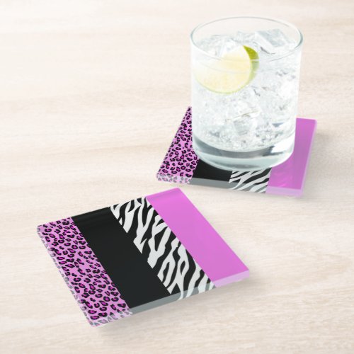 Leopard Print Zebra Print Animal Print Pink Glass Coaster