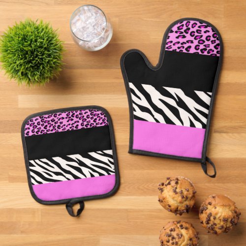 Leopard Print Zebra Print Animal Print Pink Oven Mitt  Pot Holder Set