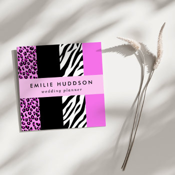 Leopard Print  Zebra Print  Animal Print  Pink Square Business Card by fancybusinesscards at Zazzle