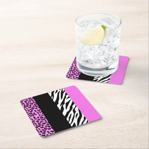 Leopard Print Zebra Print Animal Print Pink Square Paper Coaster