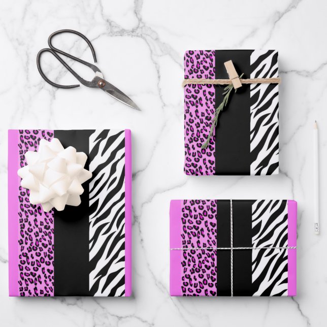 Leopard Print, Zebra Print, Animal Print, Pink Wrapping Paper Sheets (Front)
