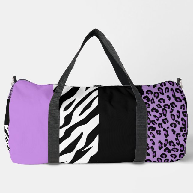 Leopard Print, Zebra Print, Animal Print, Purple Duffle Bag (Front)