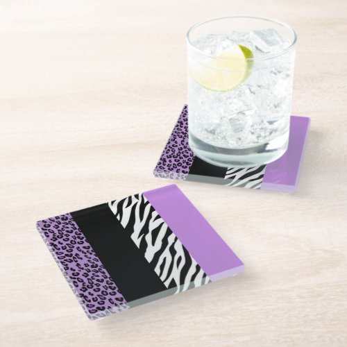 Leopard Print Zebra Print Animal Print Purple Glass Coaster