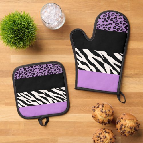 Leopard Print Zebra Print Animal Print Purple Oven Mitt  Pot Holder Set