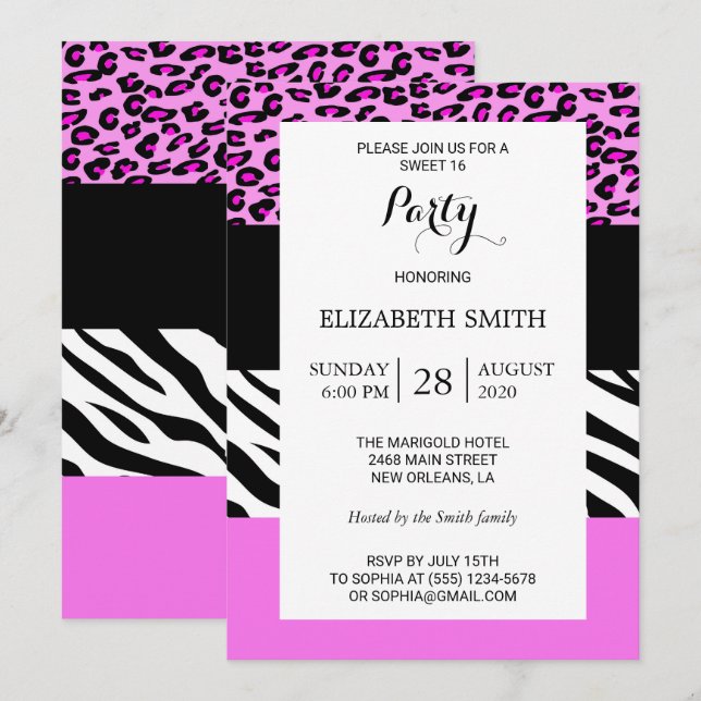 Leopard Print, Zebra Print, Animal Print, Sweet 16 Invitation (Front/Back)