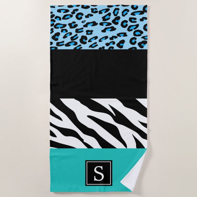 Leopard Print, Zebra Print, Blue, Monogram Beach Towel (Front)