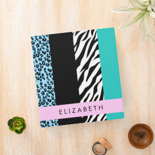 Leopard Print, Zebra Print, Blue, Your Name 3 Ring Binder