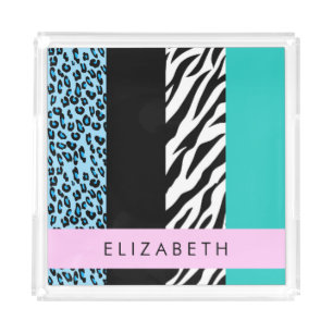 Leopard Print, Zebra Print, Blue, Your Name Acrylic Tray