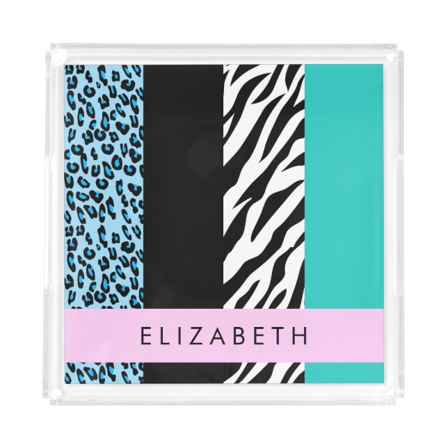 Leopard Print, Zebra Print, Blue, Your Name Acrylic Tray (Front)