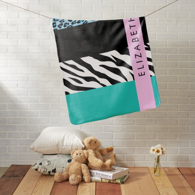 Leopard Print, Zebra Print, Blue, Your Name Baby Blanket (In Situ)