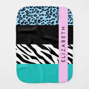 Leopard Print, Zebra Print, Blue, Your Name Baby Burp Cloth