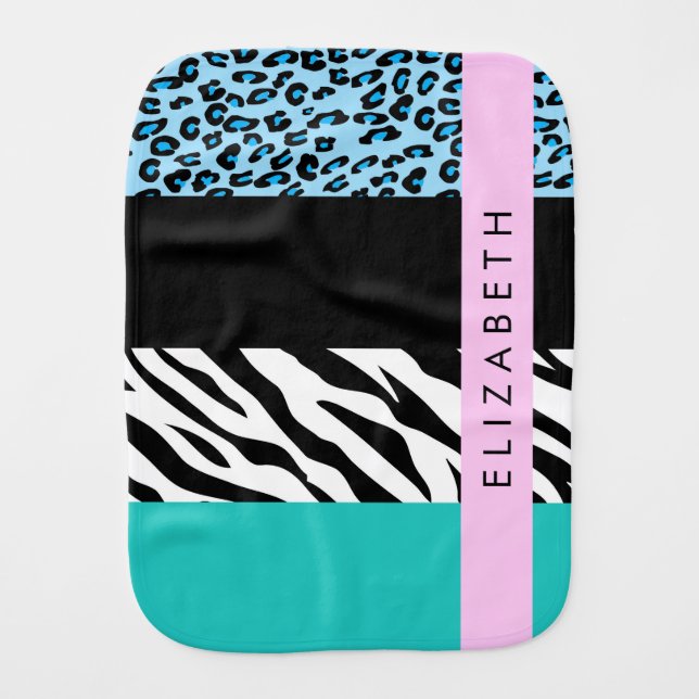Leopard Print, Zebra Print, Blue, Your Name Baby Burp Cloth (Front)