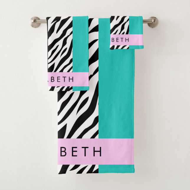 Leopard Print, Zebra Print, Blue, Your Name Bath Towel Set (Insitu)