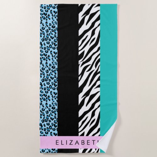 Leopard Print Zebra Print Blue Your Name Beach Towel