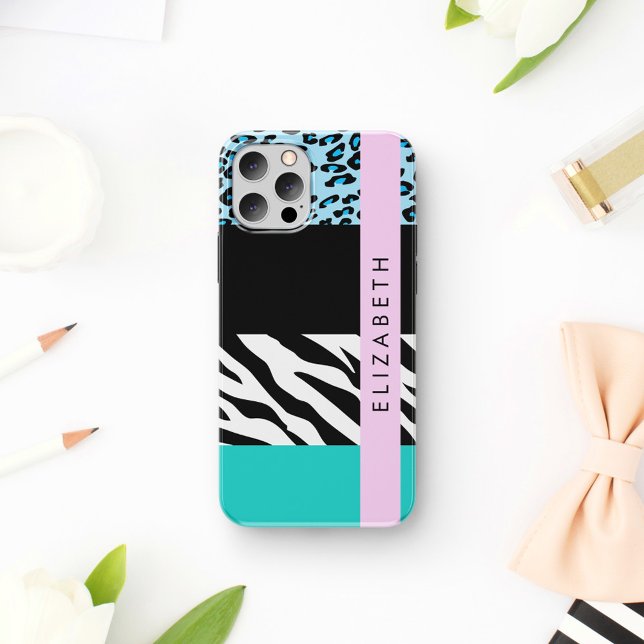 Leopard Print, Zebra Print, Blue, Your Name Case-Mate iPhone Case (Creator Uploaded)